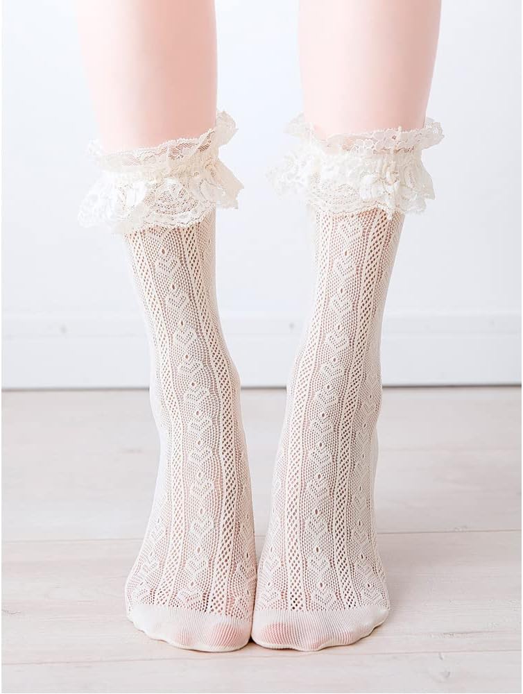 Benefeet Sox Lace Fishnet Knee High Socks Women Girls Ruffle Mesh Knee Highs Lolita Socks Fishnet Stockings - Image 3